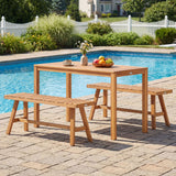Juego de comedor de patio de madera de acacia de 3 piezas, mesa rectangular y bancos para exteriores con asientos de listones