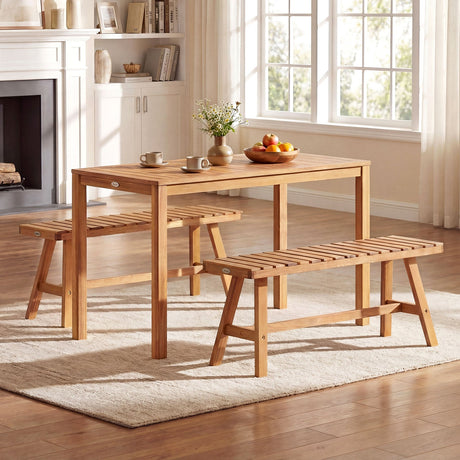 Juego de comedor de patio de madera de acacia de 3 piezas, mesa rectangular y bancos para exteriores con asientos de listones