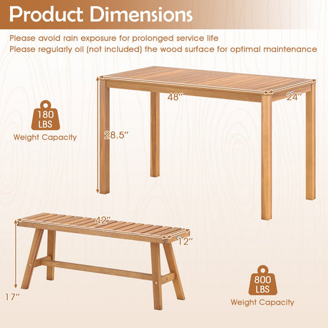 Juego de comedor de patio de madera de acacia de 3 piezas, mesa rectangular y bancos para exteriores con asientos de listones