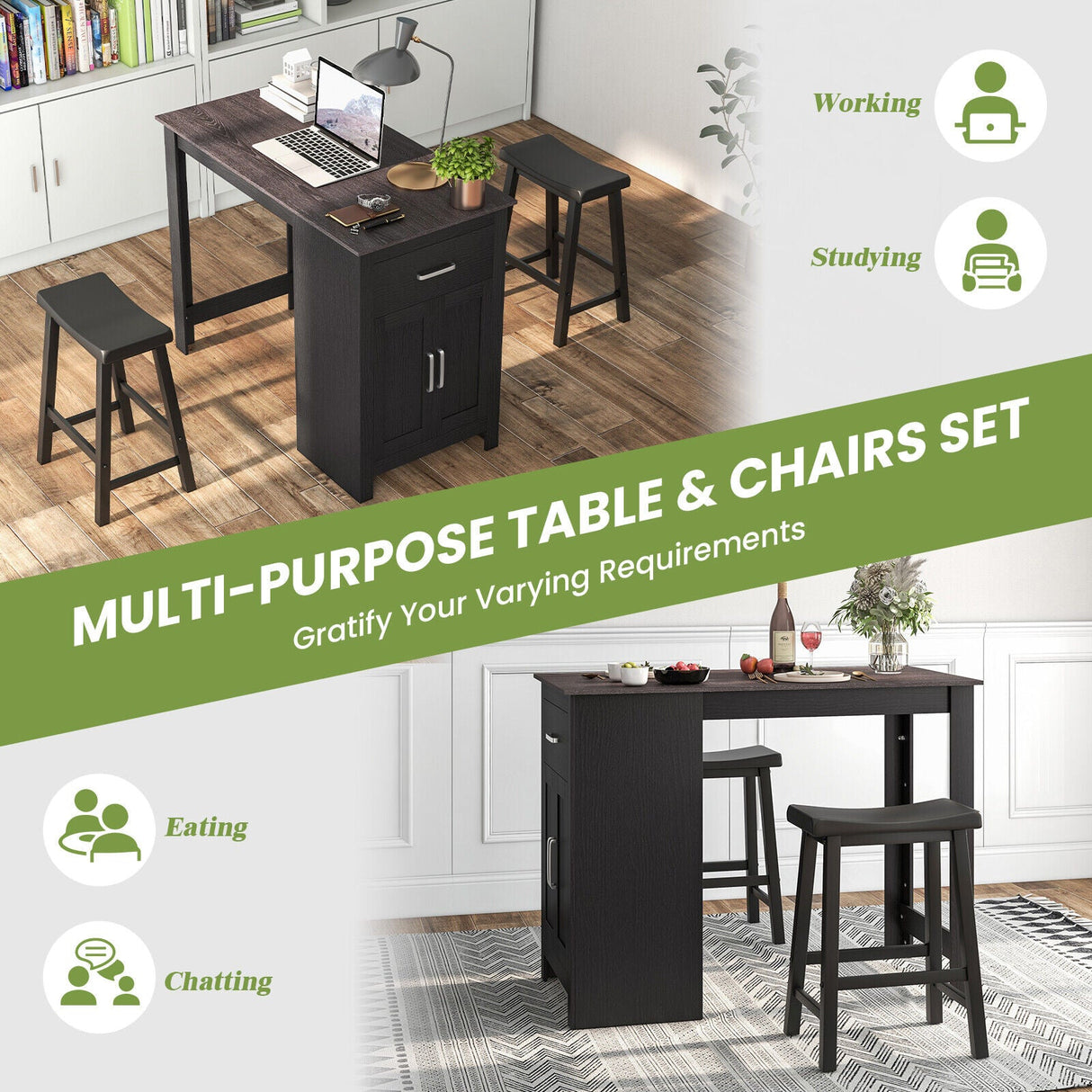 Juego de mesa de bar de 3 piezas para 2 personas con 2 taburetes de montar para comedor