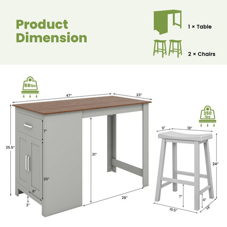 Juego de mesa de bar de 3 piezas para 2 personas con 2 taburetes de montar para comedor