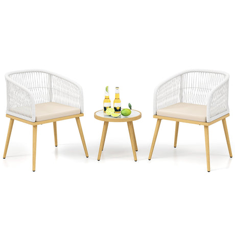 Juego de muebles de conversación de mimbre PE de 3 piezas para exteriores - Blanco