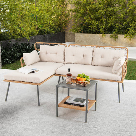 Muebles de patio de esquina de 3 piezas con mesa de centro pequeña - Beige