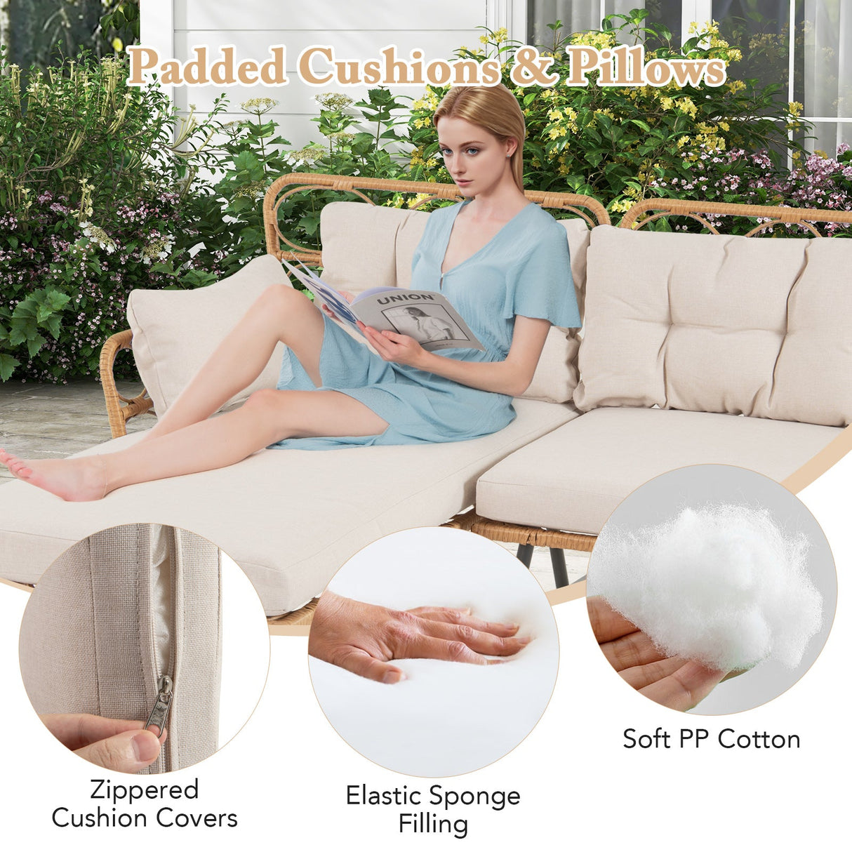 Muebles de patio de esquina de 3 piezas con mesa de centro pequeña - Beige