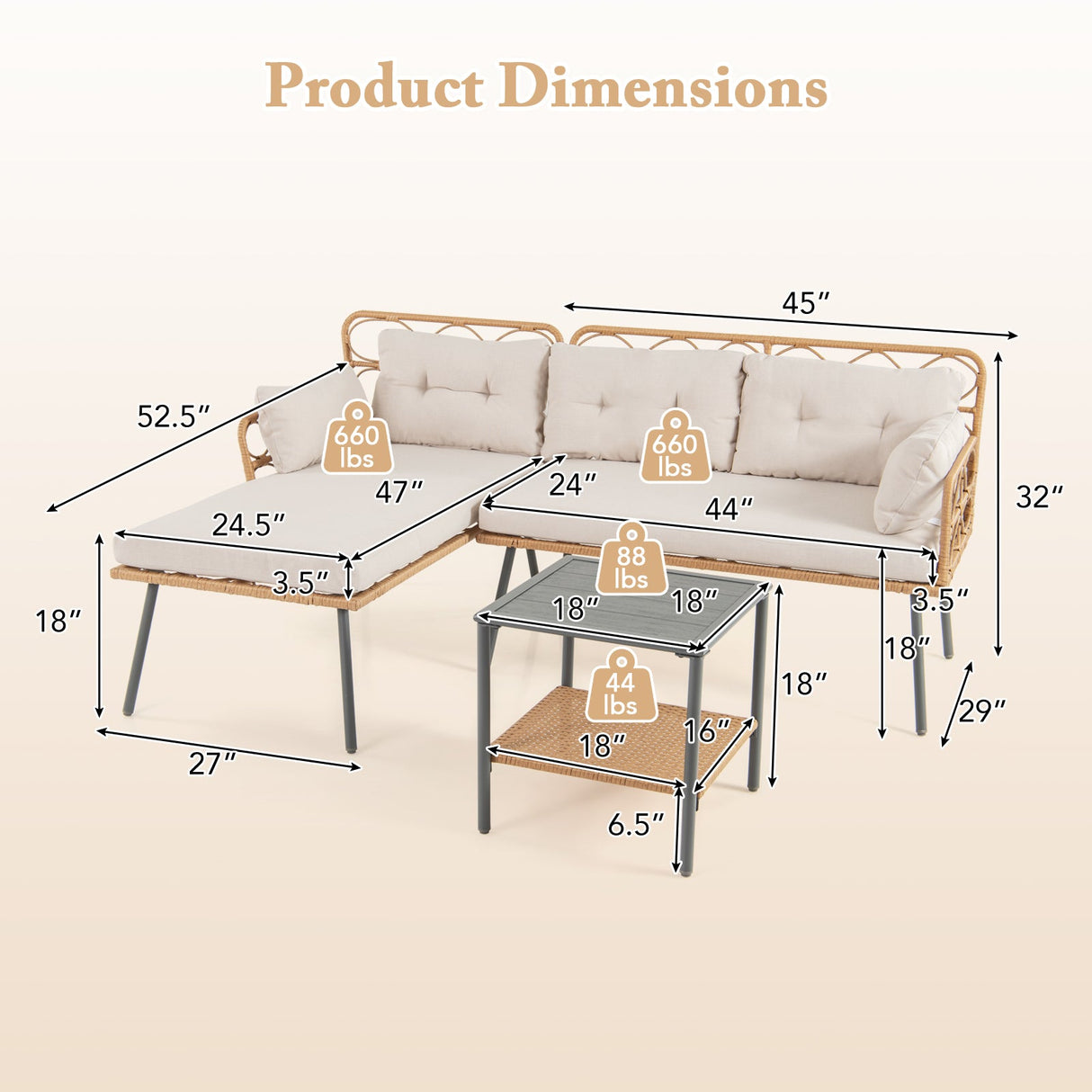 Muebles de patio de esquina de 3 piezas con mesa de centro pequeña - Beige