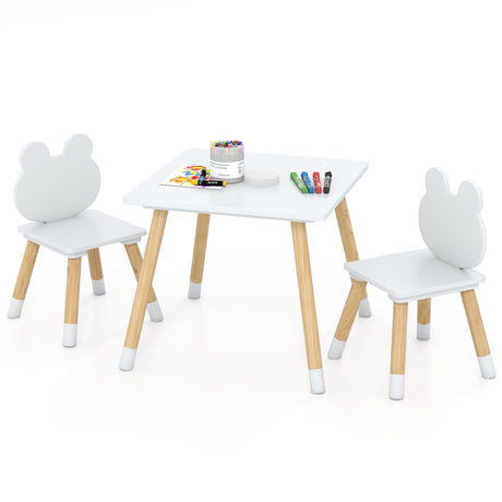 Juego de mesa y 2 sillas de madera para niños de 3 piezas con adorable diseño de ranita-Blanco