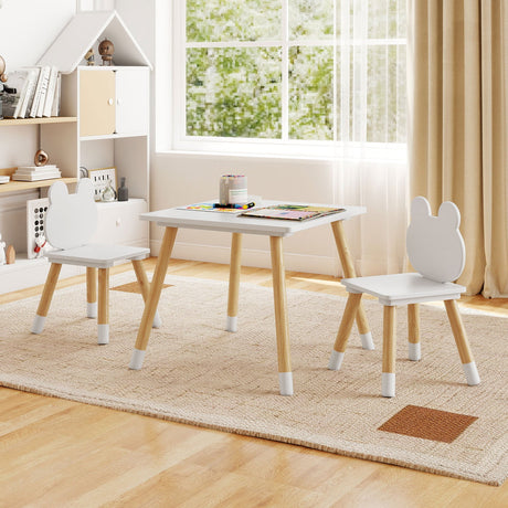 Juego de mesa y 2 sillas de madera para niños de 3 piezas con adorable diseño de ranita-Blanco