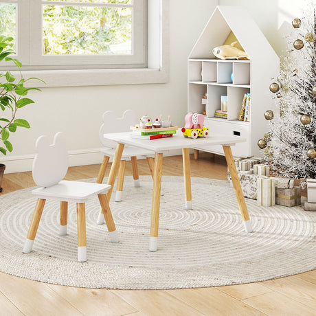 Juego de mesa y 2 sillas de madera para niños de 3 piezas con adorable diseño de ranita-Blanco