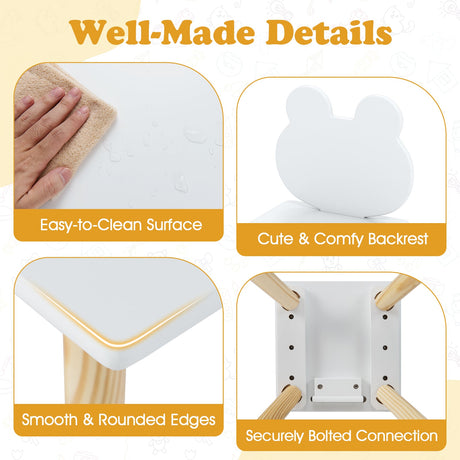 Juego de mesa y 2 sillas de madera para niños de 3 piezas con adorable diseño de ranita-Blanco