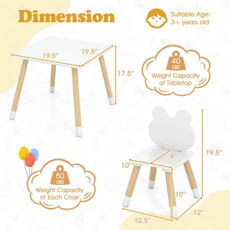 Juego de mesa y 2 sillas de madera para niños de 3 piezas con adorable diseño de ranita-Blanco