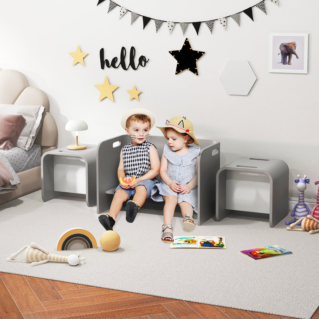 Juego de mesa y 2 sillas de madera para niños