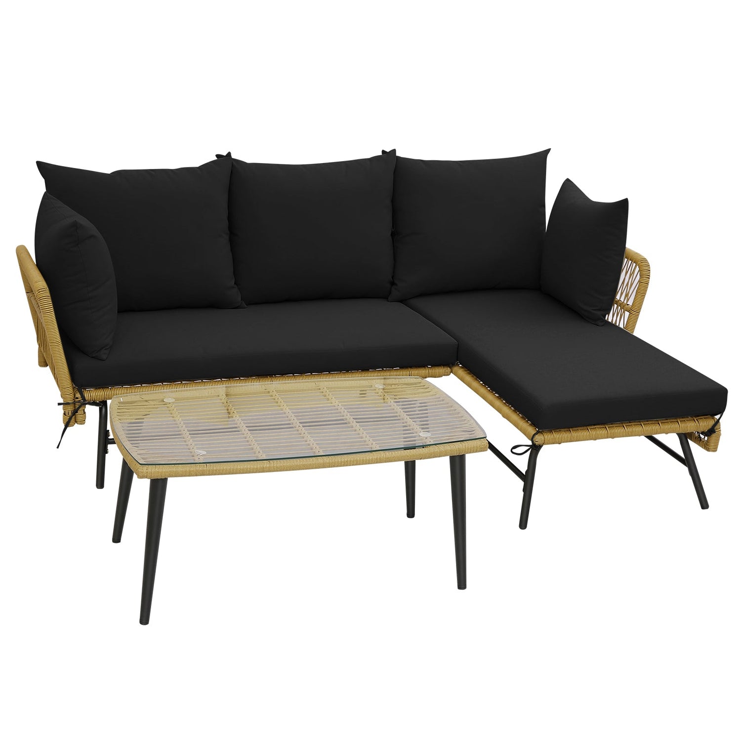 Sofá de patio en forma de L de 3 piezas con cojines y mesa de cristal templado