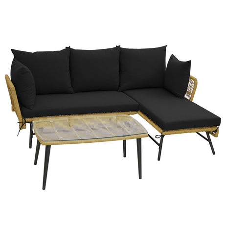 Sofá de patio en forma de L de 3 piezas con cojines y mesa de cristal templado