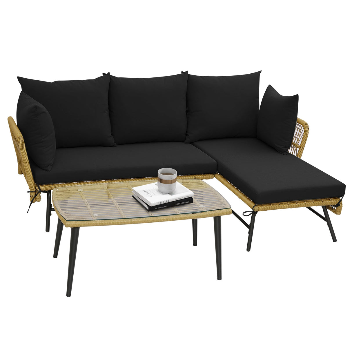 Sofá de patio en forma de L de 3 piezas con cojines y mesa de cristal templado