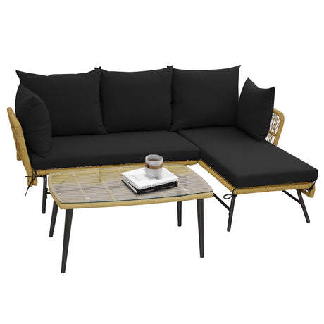 Sofá de patio en forma de L de 3 piezas con cojines y mesa de cristal templado