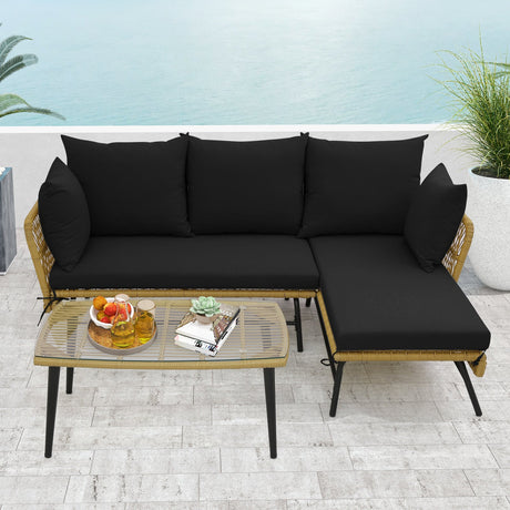 Sofá de patio en forma de L de 3 piezas con cojines y mesa de cristal templado