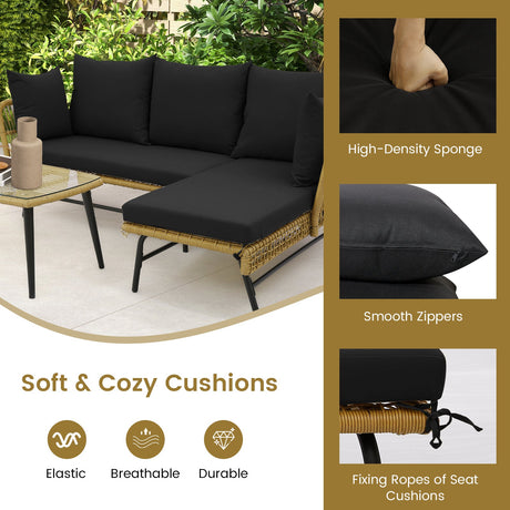 Sofá de patio en forma de L de 3 piezas con cojines y mesa de cristal templado