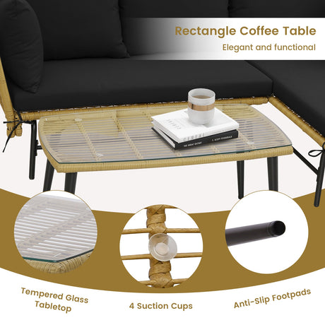 Sofá de patio en forma de L de 3 piezas con cojines y mesa de cristal templado