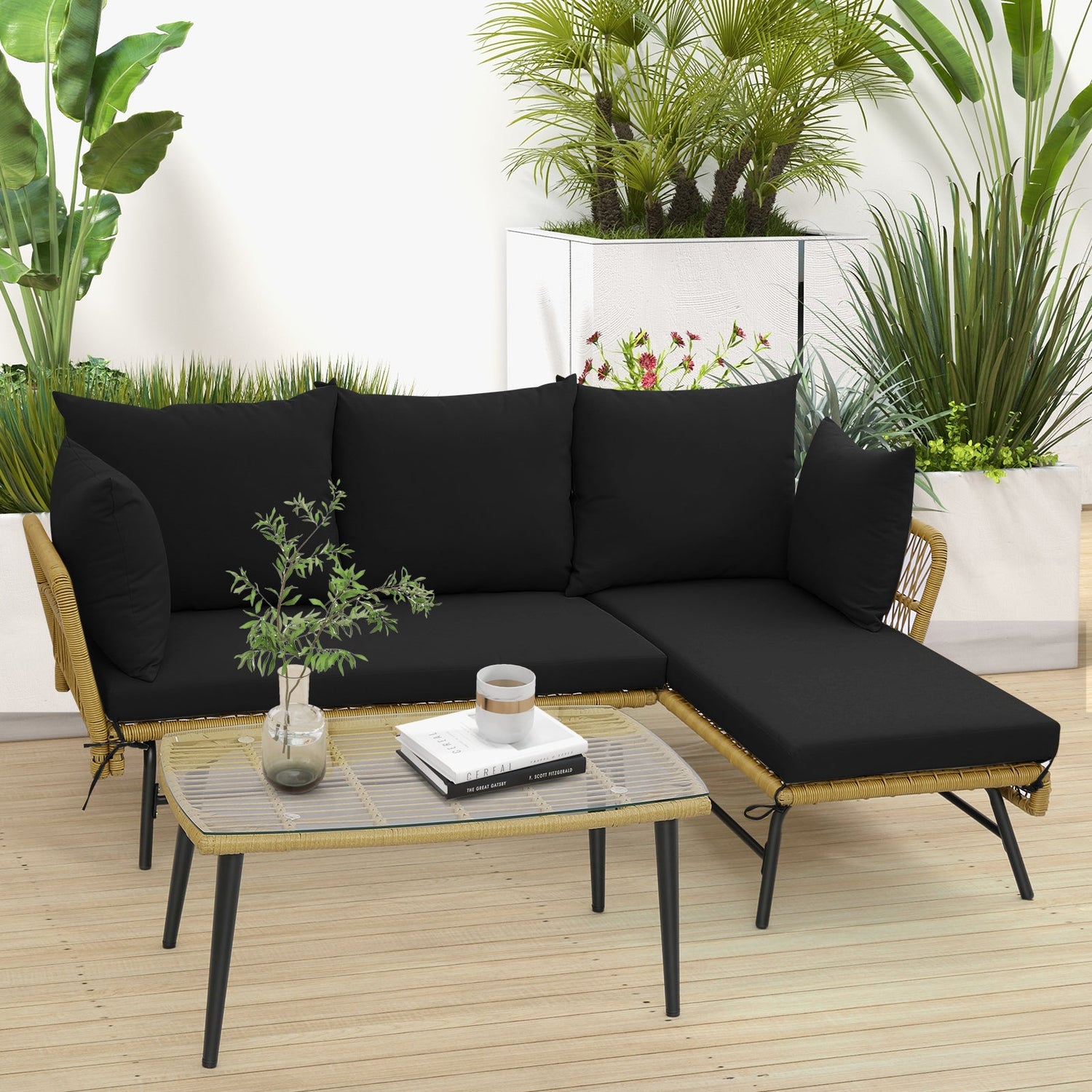 Sofá de patio en forma de L de 3 piezas con cojines y mesa de cristal templado
