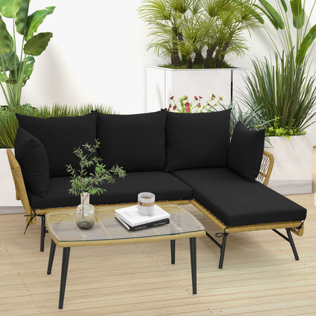 Sofá de patio en forma de L de 3 piezas con cojines y mesa de cristal templado