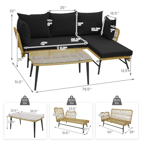 Sofá de patio en forma de L de 3 piezas con cojines y mesa de cristal templado