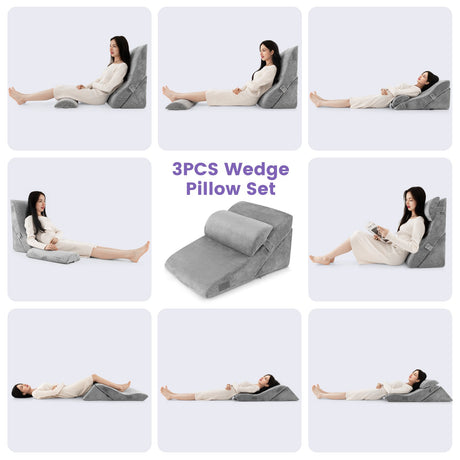 Juego de 3 Almohadas Ortopédicas en Cuña Ajustables para Soporte de Espalda y Cuello - Gris