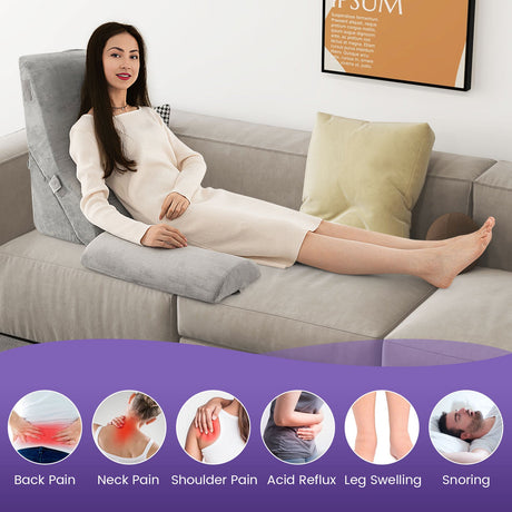 Juego de 3 Almohadas Ortopédicas en Cuña Ajustables para Soporte de Espalda y Cuello - Gris
