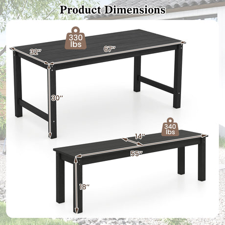Juego de comedor de exterior de 3 piezas con 2 bancos