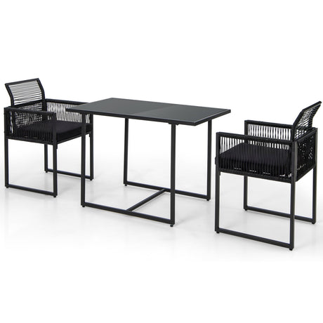 Juego de comedor para exteriores de 3 piezas con respaldo plegable y cojines de asiento - Negro