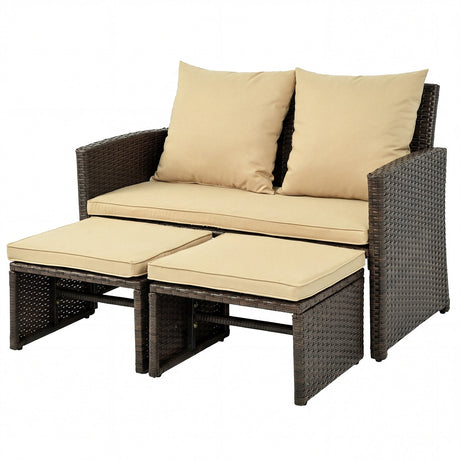 Juego de muebles de mimbre sintético de 3 piezas para patio exterior con cojines - Beige