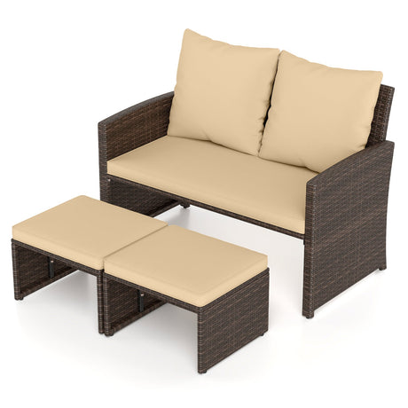 Juego de muebles de mimbre sintético de 3 piezas para patio exterior con cojines - Beige