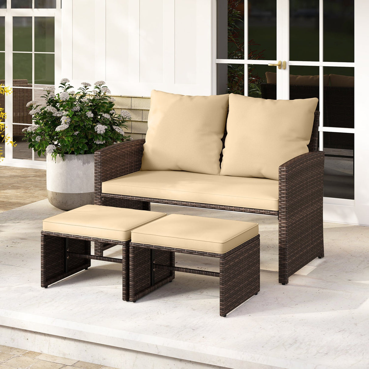 Juego de muebles de mimbre sintético de 3 piezas para patio exterior con cojines - Beige