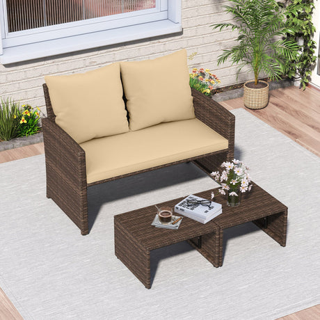Juego de muebles de mimbre sintético de 3 piezas para patio exterior con cojines - Beige