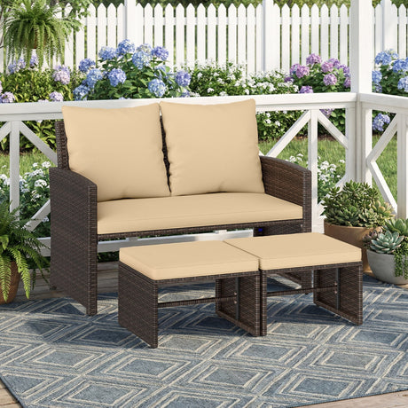 Juego de muebles de mimbre sintético de 3 piezas para patio exterior con cojines - Beige