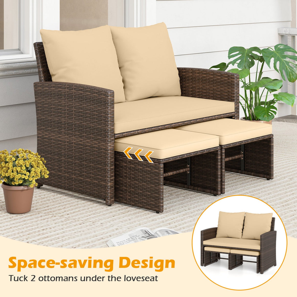 Juego de muebles de mimbre sintético de 3 piezas para patio exterior con cojines - Beige
