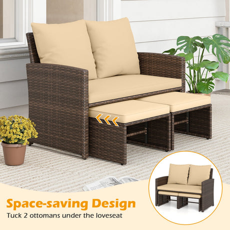 Juego de muebles de mimbre sintético de 3 piezas para patio exterior con cojines - Beige