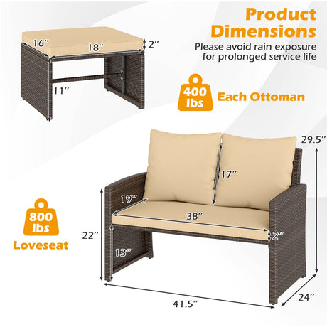 Juego de muebles de mimbre sintético de 3 piezas para patio exterior con cojines - Beige