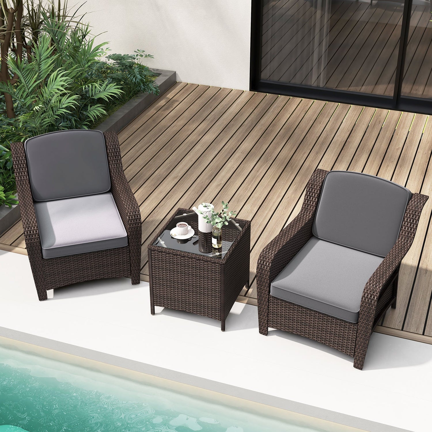 Juego de muebles de ratán para exteriores de 3 piezas con cojines y mesa de centro de cristal templado - Gris