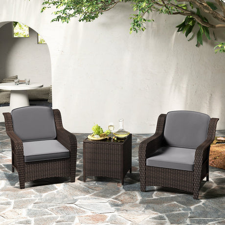 Juego de muebles de ratán para exteriores de 3 piezas con cojines y mesa de centro de cristal templado - Gris