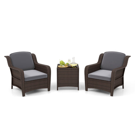Juego de muebles de ratán para exteriores de 3 piezas con cojines y mesa de centro de cristal templado - Gris