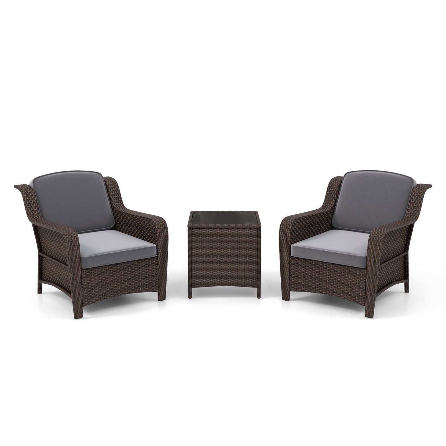 Juego de muebles de ratán para exteriores de 3 piezas con cojines y mesa de centro de cristal templado - Gris