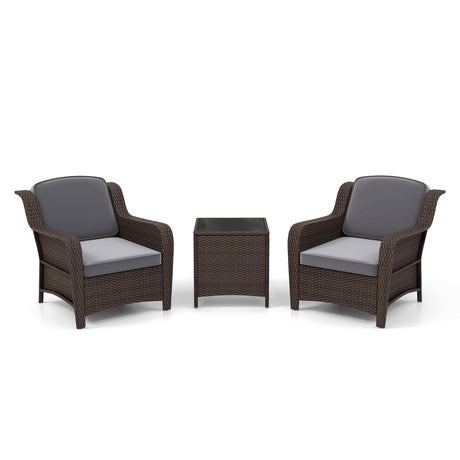 Juego de muebles de ratán para exteriores de 3 piezas con cojines y mesa de centro de cristal templado - Gris