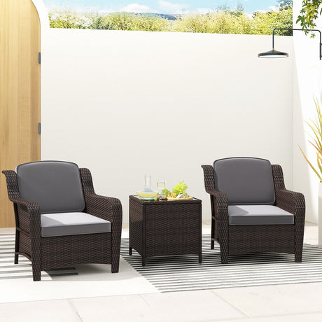 Juego de muebles de ratán para exteriores de 3 piezas con cojines y mesa de centro de cristal templado - Gris