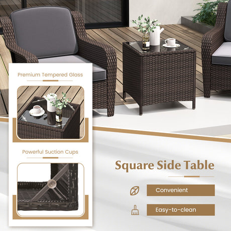 Juego de muebles de ratán para exteriores de 3 piezas con cojines y mesa de centro de cristal templado - Gris
