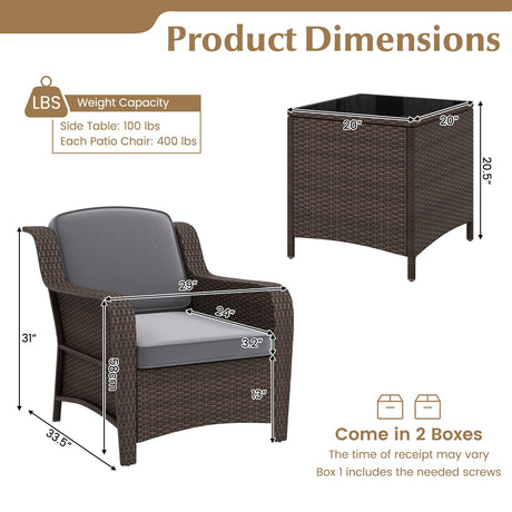Juego de muebles de ratán para exteriores de 3 piezas con cojines y mesa de centro de cristal templado - Gris