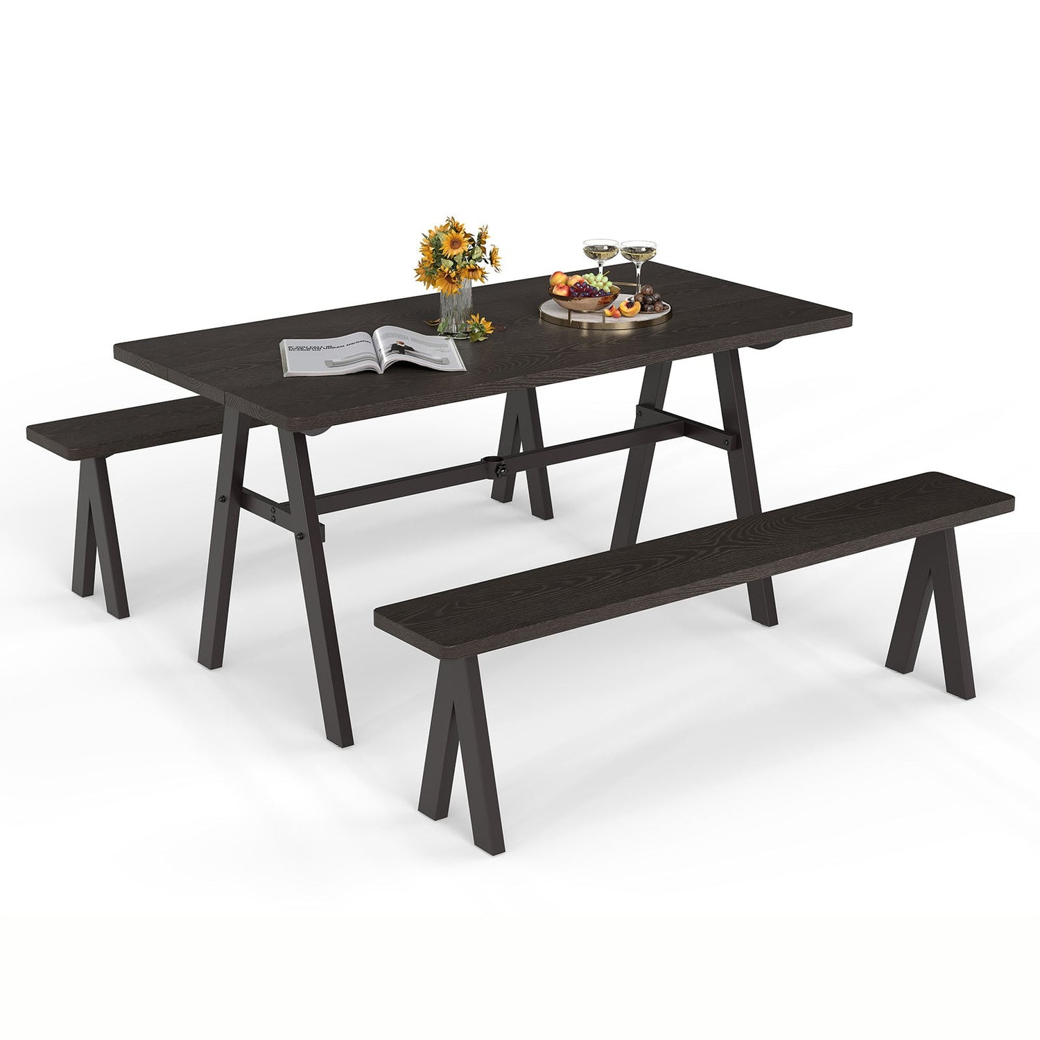 Juego de 3 piezas de mesa y bancos de picnic para exteriores para 6 personas