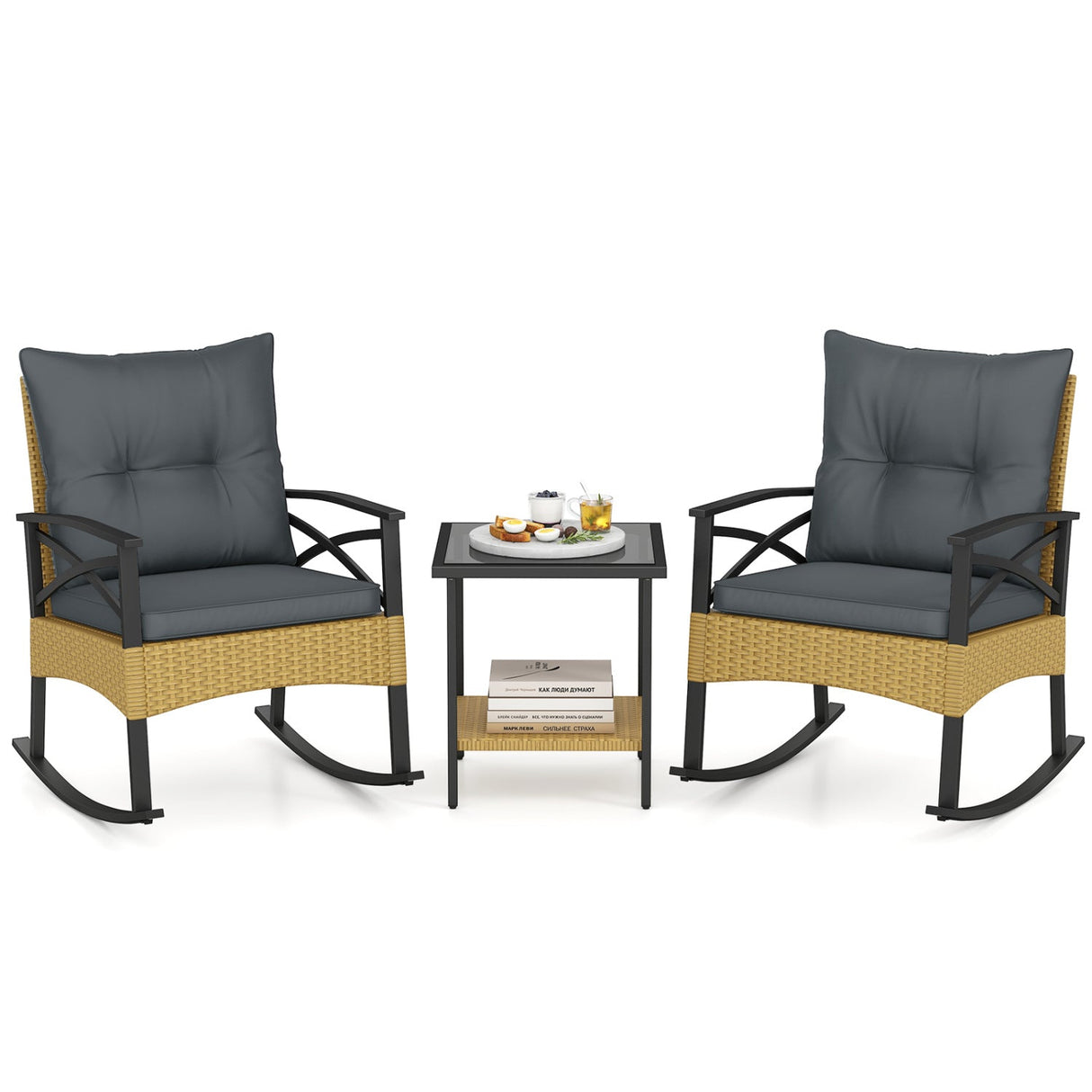 3 Pieces Outdoor Rattan Rocking Chairs Set with 2-Tier Side Table for Garden Backyard