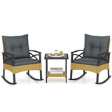 3 Pieces Outdoor Rattan Rocking Chairs Set with 2-Tier Side Table for Garden Backyard