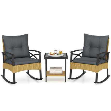 Conjunto de 3 mecedoras de ratán para exterior con mesa auxiliar de 2 niveles para jardín y patio trasero