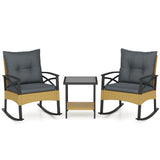 3 Pieces Outdoor Rattan Rocking Chairs Set with 2-Tier Side Table for Garden Backyard